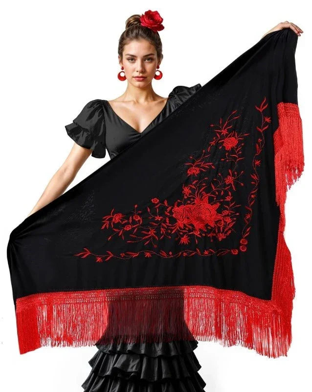 Mantón de Sevillana Negro con Bordado Rojo Sevillanas Partilandia